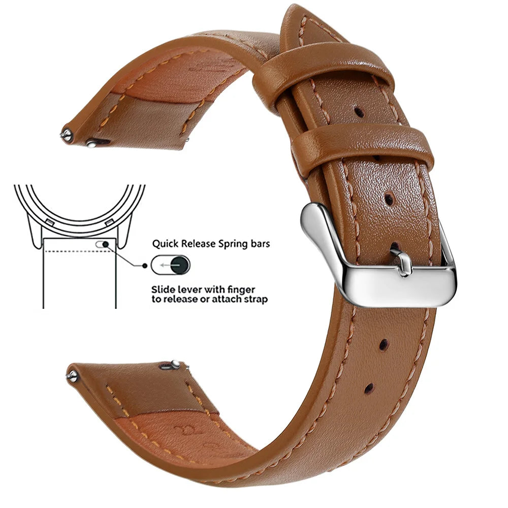 A brown genuine leather watch band featuring quick release spring bars and a slide lever for easy strap attachment.
