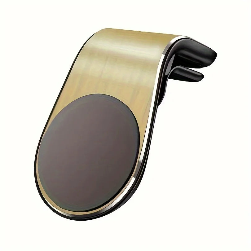 A magnetic car air vent phone mount with a gold-colored finish and black components.
