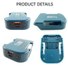 Three views of a blue portable USB and Type-C adapter for Makita 18V tools showing different angles and features.