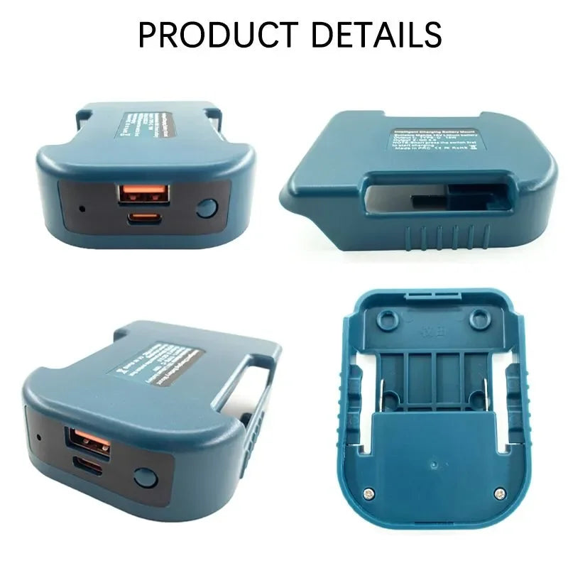 Three views of a blue portable USB and Type-C adapter for Makita 18V tools showing different angles and features.