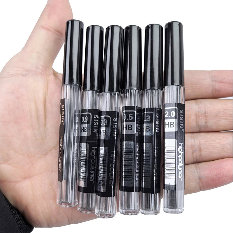 A hand holds a pack of Sisin HB lead core mechanical pencils.