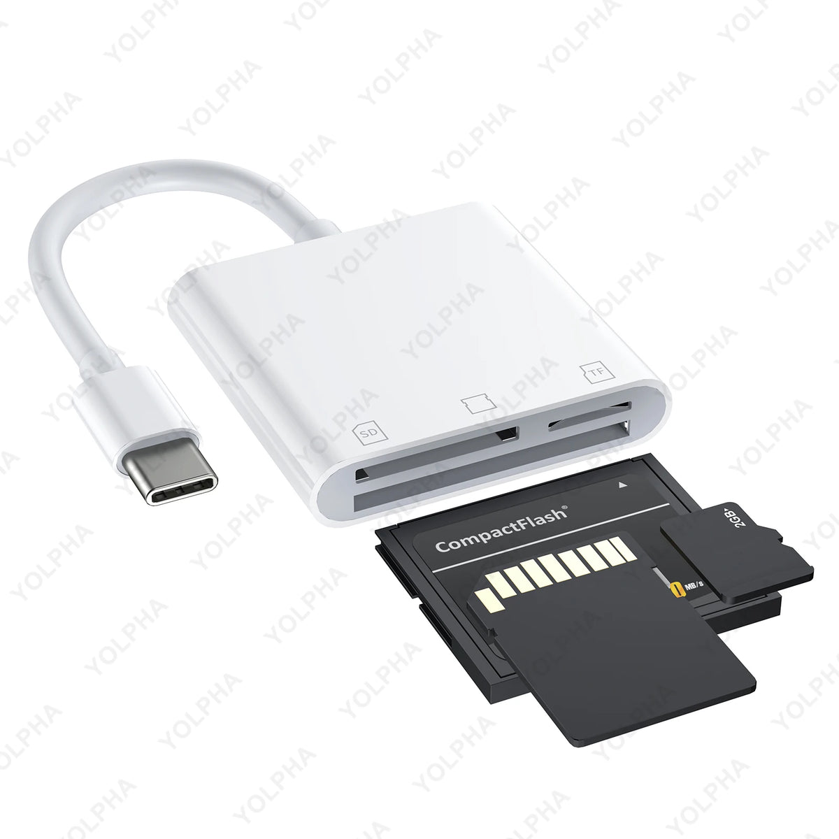 A white USB-C SD card reader with a flexible cable and an inserted CompactFlash card.