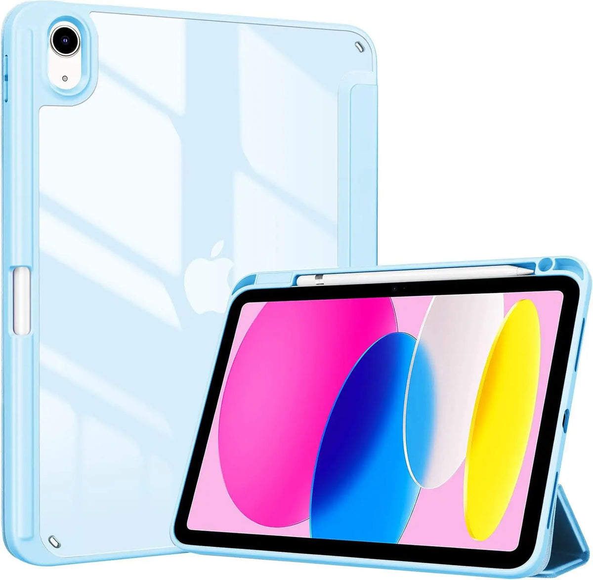 A light blue hybrid protective case for an iPad with a visible screen and a yellow Apple Pencil inside.