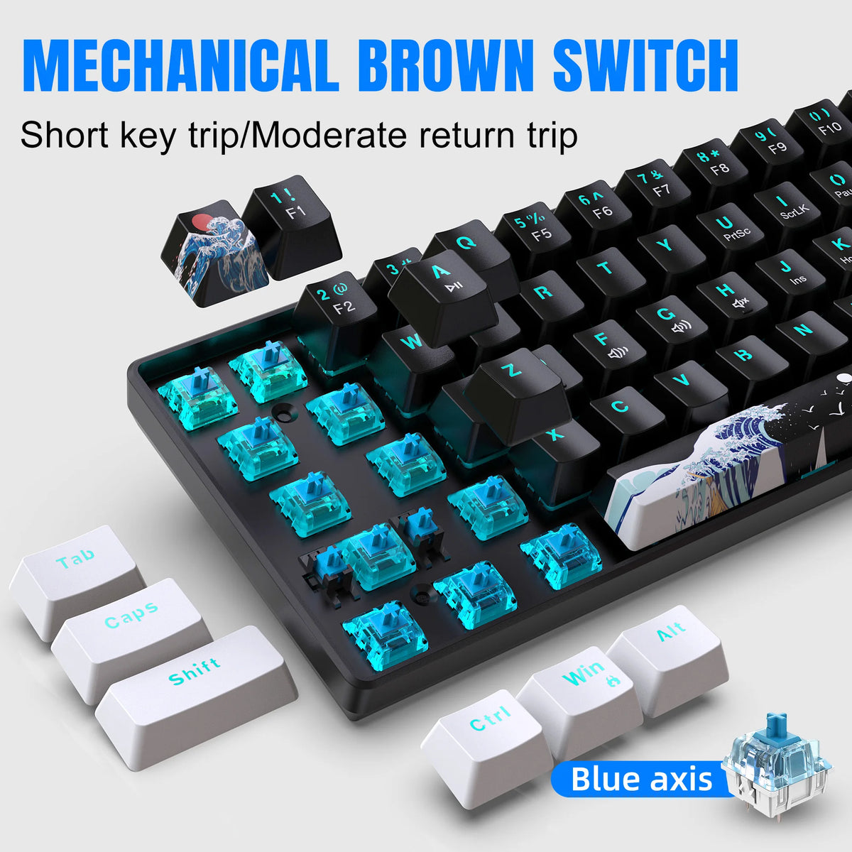 Gros plan d'un clavier mécanique marron montrant diverses touches et composants avec un axe bleu.