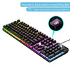 A black wired gaming keyboard with colorful RGB lighting is shown, featuring a switch to turn the light on and off.