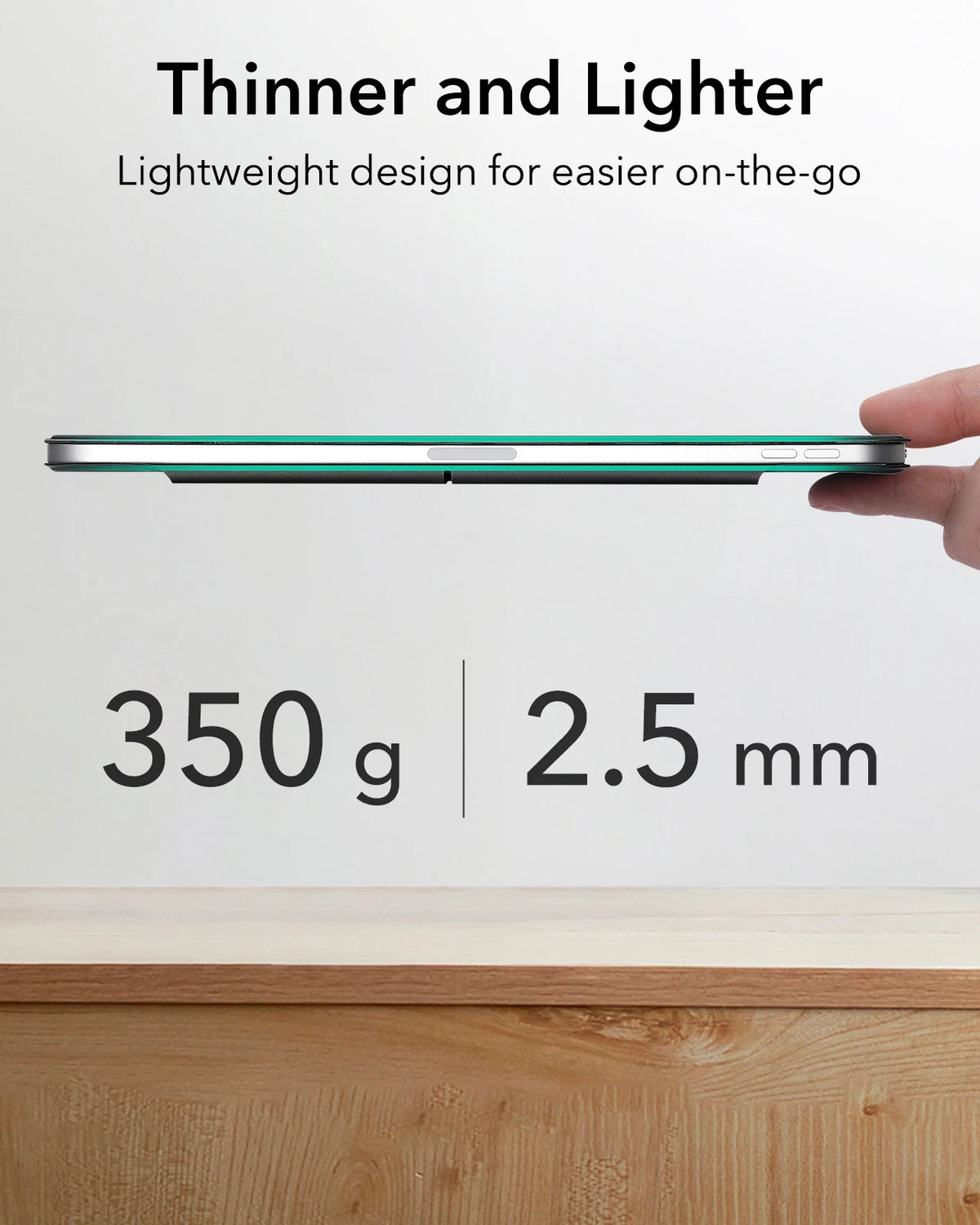 A thin, lightweight magnetic folio case for an iPad, shown next to weight and dimension measurements.