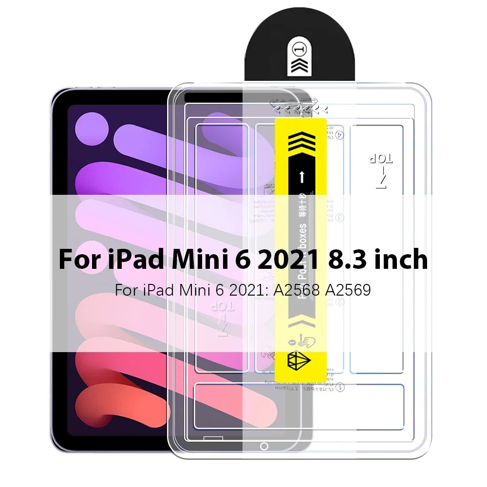 Protector de pantalla transparente para iPad Mini 6, mostrando el dispositivo y el empaque.