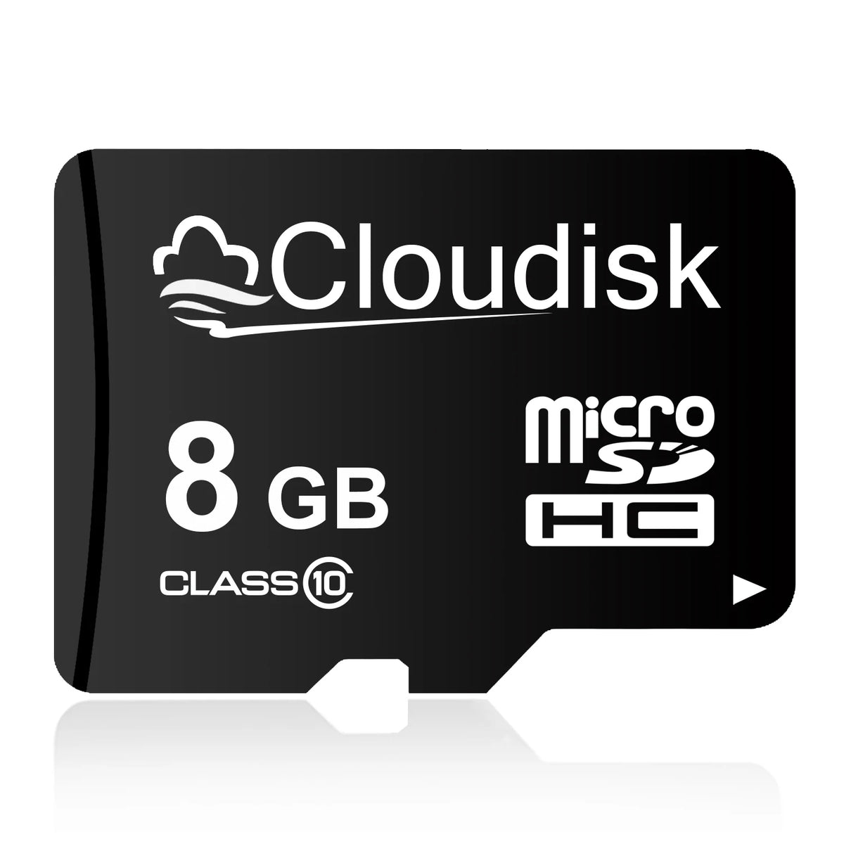 A black microSD memory card labeled Cloudisk 8 GB Class 10