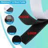 Diagram showing the structure of a self-adhesive hook and loop fastener strip, including release paper, adhesive, hooks, and 