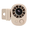 A beige portable clip-on fan with a circular grille and an LED display showing 15% battery life.