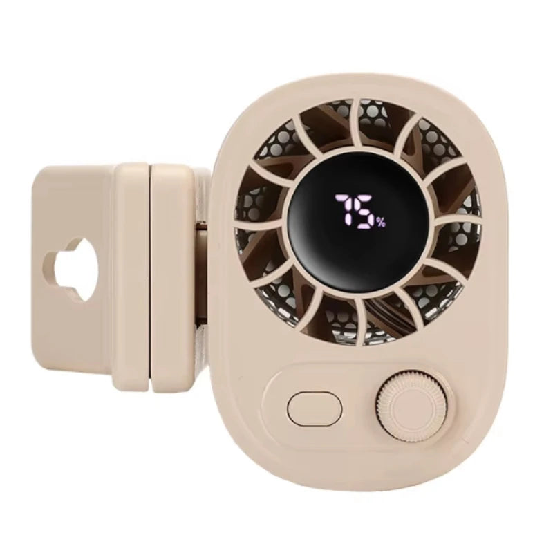A beige portable clip-on fan with a circular grille and an LED display showing 15% battery life.