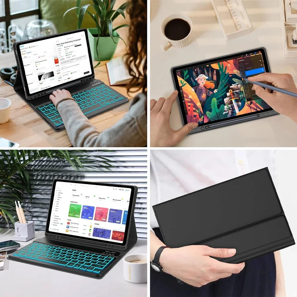 A black wireless Bluetooth keyboard case for a tablet, shown in use with a laptop and a tablet.