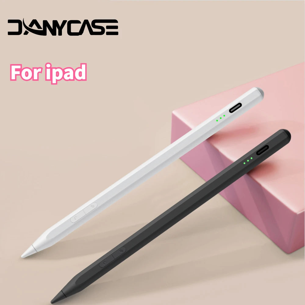 A white and black precision stylus is shown next to a pink box, designed for an iPad.