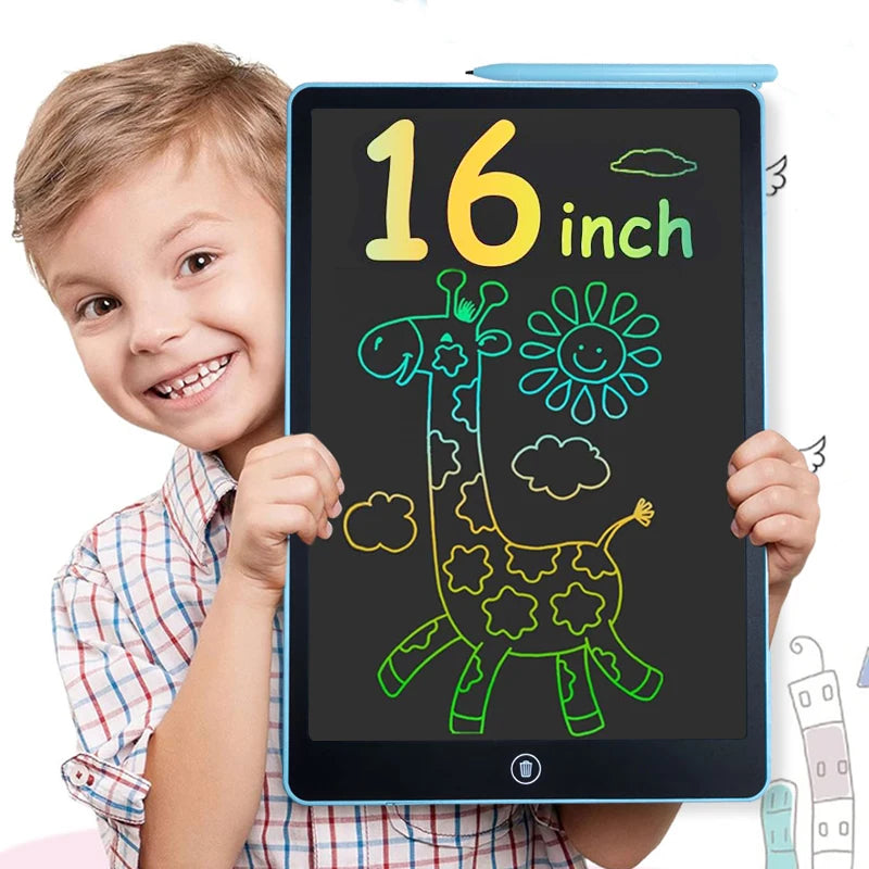 A smiling boy holds a 16-inch multi-color LCD drawing tablet showing a green giraffe outline on a black screen.