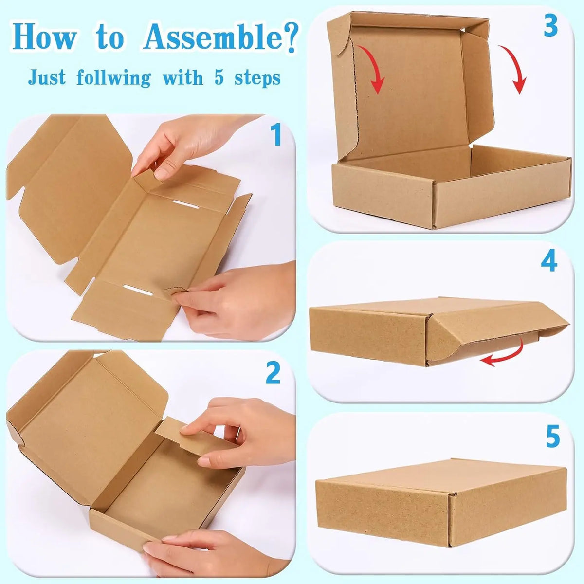 Five steps showing how to assemble an eco-friendly kraft gift box set