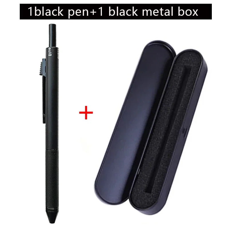 A black ballpoint pen and a black metal box are shown, with an additional product included.