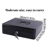 A black metal money box with a handle and key, shown from the top view.