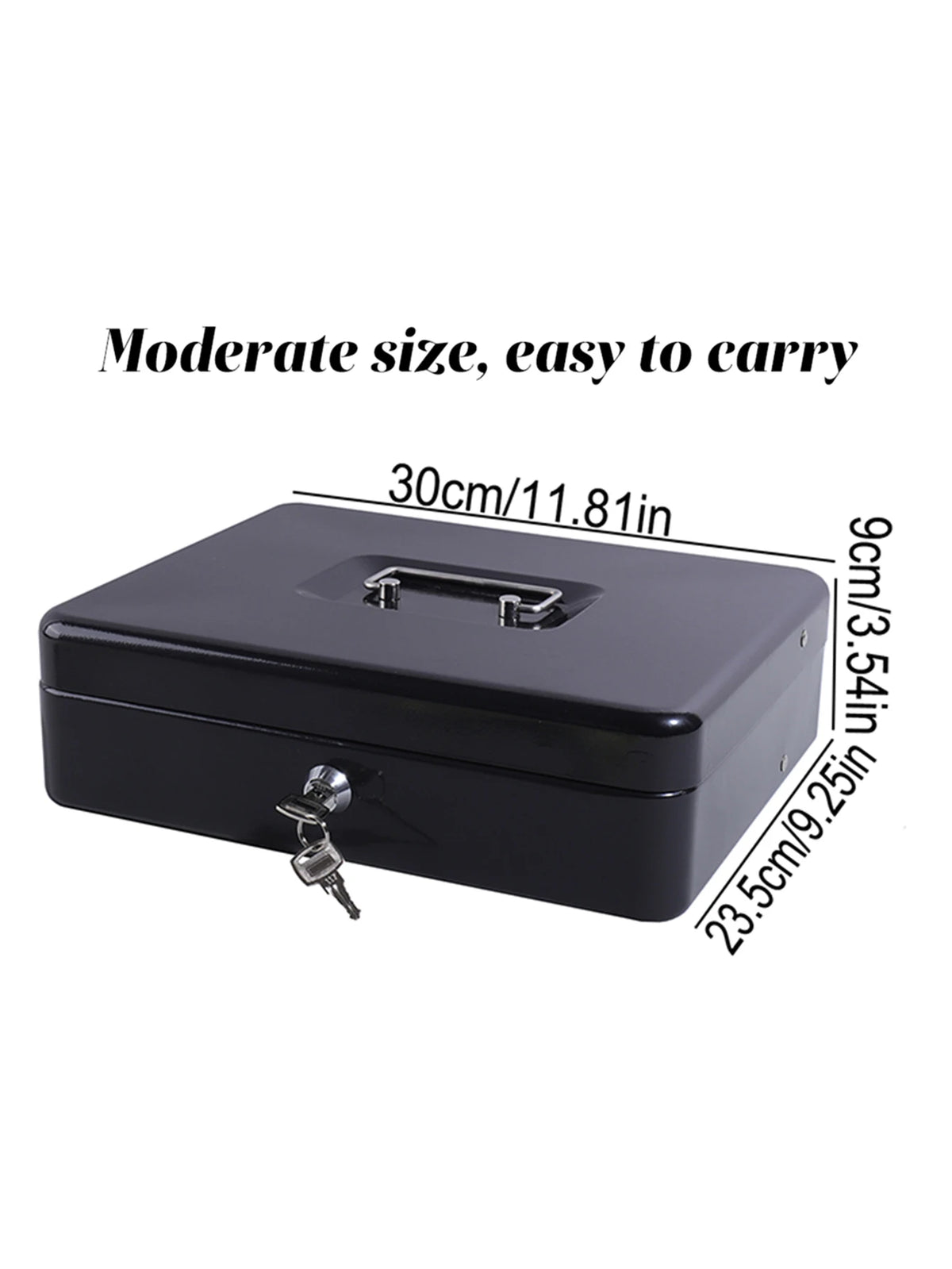 A black metal money box with a handle and key, shown from the top view.
