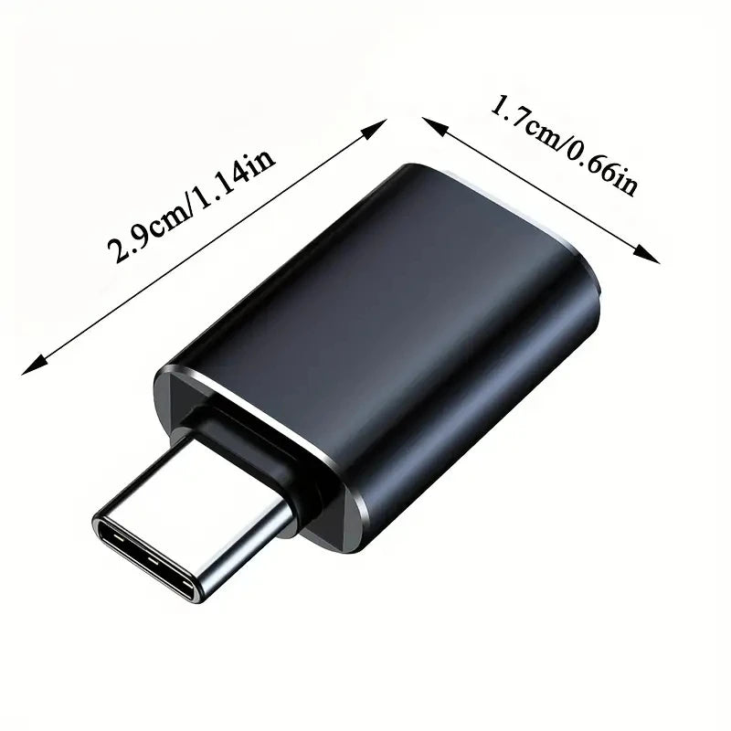 A black USB-C to USB-A adapter for data transfer, shown from the side.