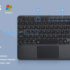 A black wireless keyboard with a touchpad and various indicator lights for different operating systems.