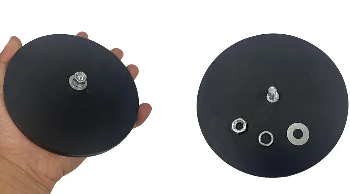A black magnetic base mount bracket for LED lights shown in two views.