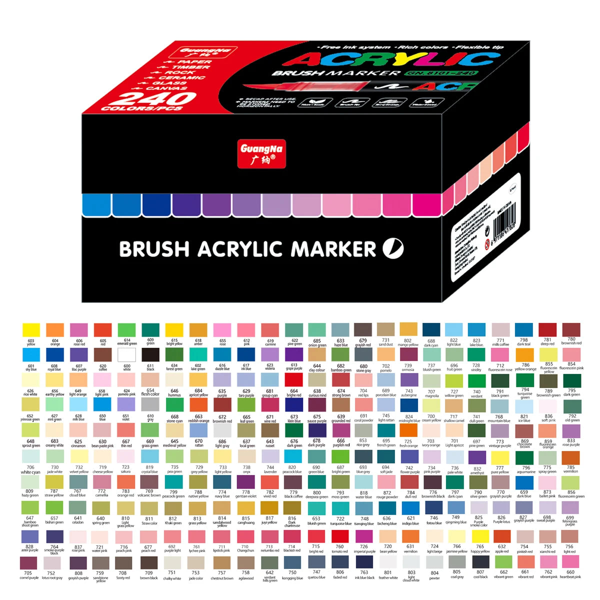 Box of Brush Acrylic Markers featuring a wide variety of colors and tips.