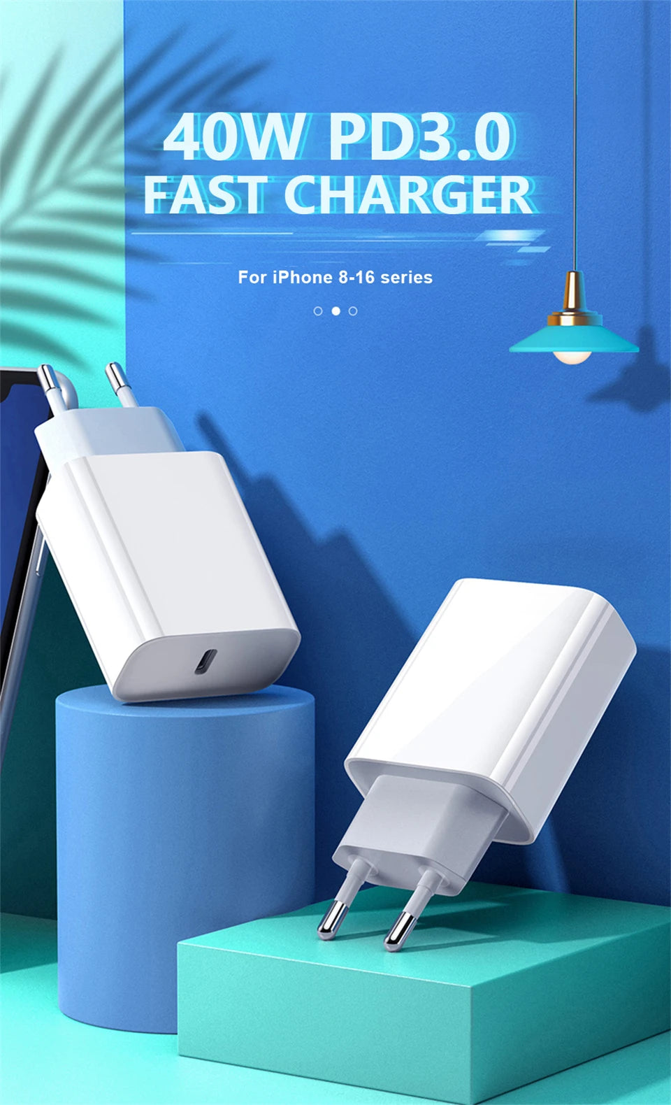 A white 40W PD3.0 fast charger is shown plugged into a blue stand against a blue wall with a light fixture.