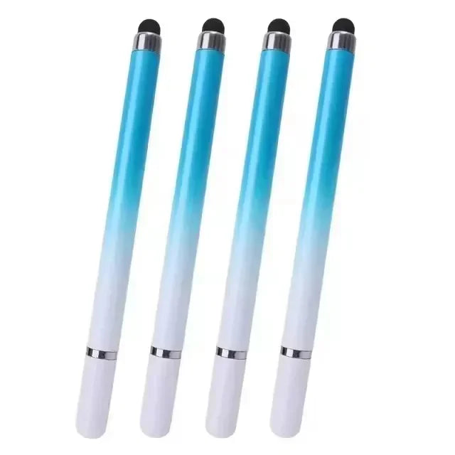 Four blue and white universal stylus pens shown vertically