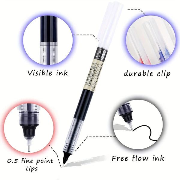 A set of smooth quick-drying gel pens showing visible ink, durable clip, fine point tips, and free flow ink.