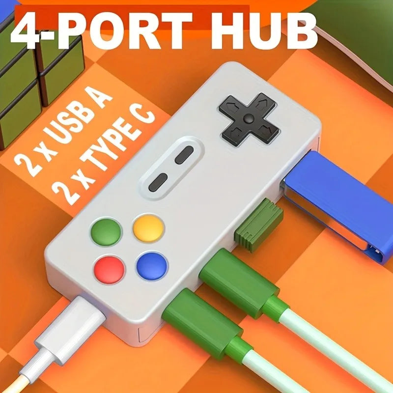 A white 4-port hub with multiple connectors, including USB-A and Type-C ports, shown on an orange background.