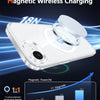 A clear phone case demonstrating magnetic wireless charging capability with various power levels shown on a graph.