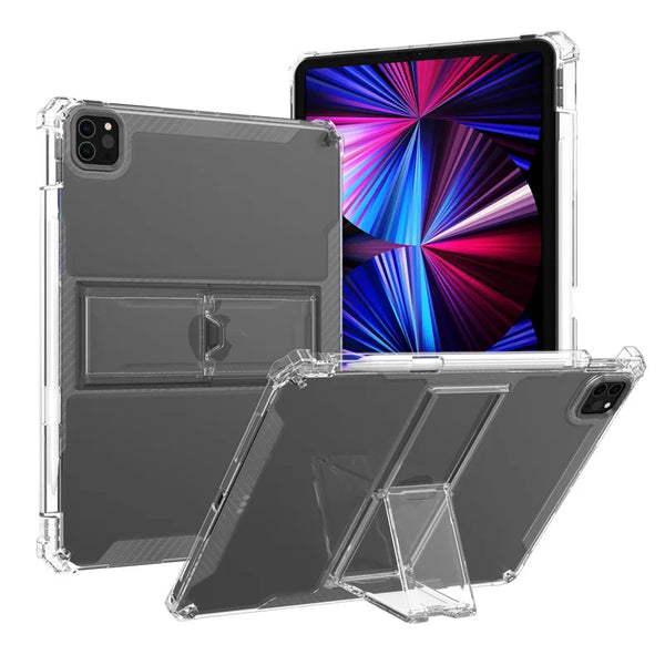 A clear protective case is shown with an Apple iPad displaying a colorful screen.