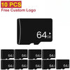Ten black memory cards labeled 64GB with a play icon symbol.