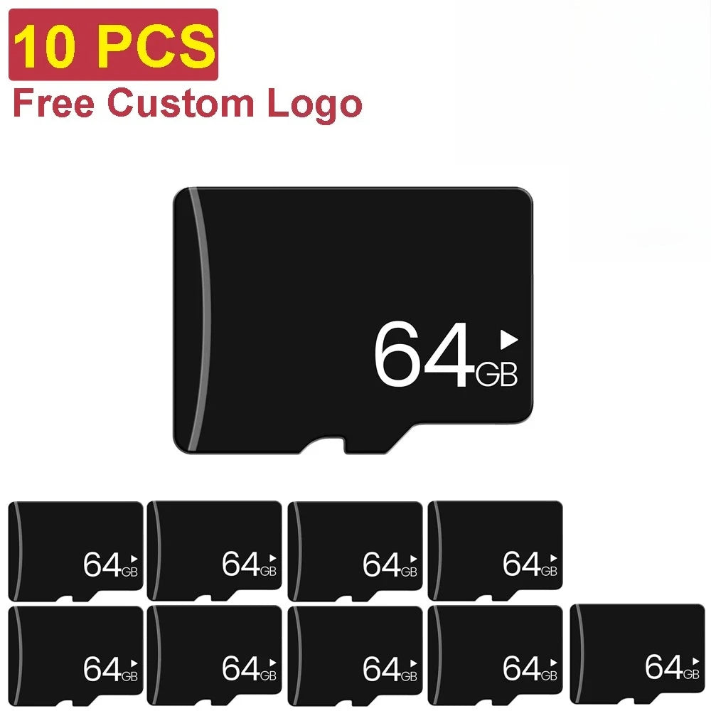 Ten black memory cards labeled 64GB with a play icon symbol.