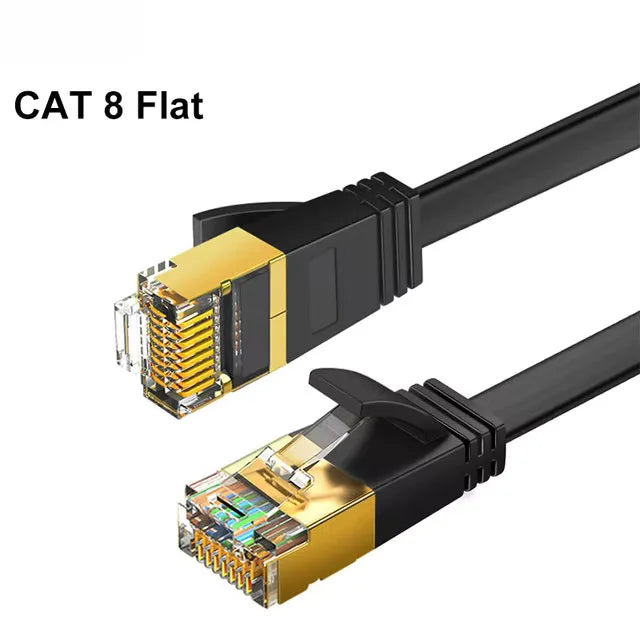 Black Cat 8 Flat Ethernet cable with gold connectors shown in a close-up view.