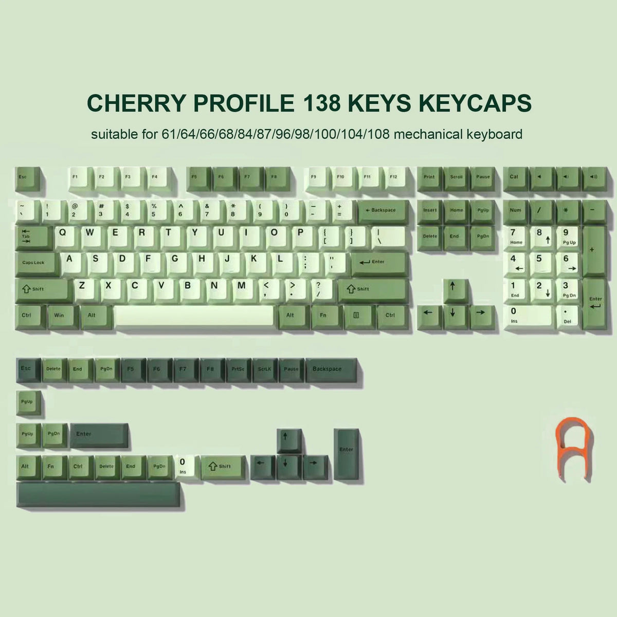 A layout of 138 keys in cherry profile keycaps for a mechanical keyboard.