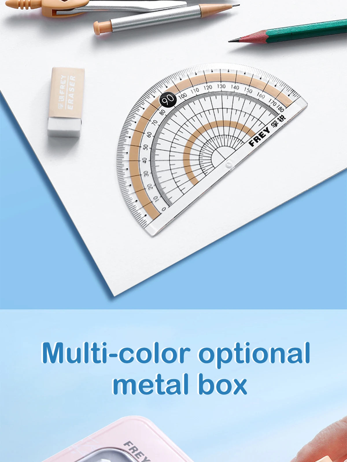 Un juego de reglas matemáticas de metal de precisión y una goma de borrar junto a una regla transparente.