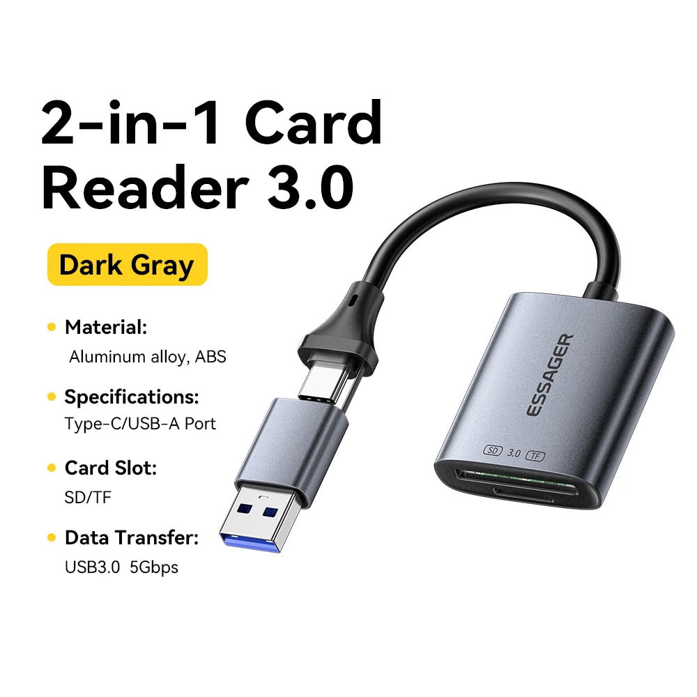 A dark gray 2-in-1 card reader featuring a USB-C port and an SD/TF slot.