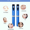 A blue reusable injection pen device shown with various facial benefits listed: Anti-wrinkle, Fill, Lifting, Hydrating glow, 
