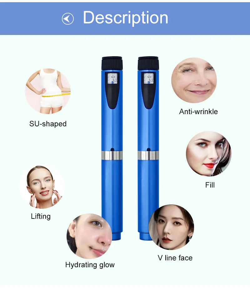 A blue reusable injection pen device shown with various facial benefits listed: Anti-wrinkle, Fill, Lifting, Hydrating glow, 