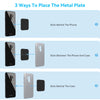 Three methods shown for placing a metal plate on a phone or device: sticking behind the phone, between the phone and case, or