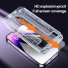 A clear tempered glass screen protector is shown covering an iPhone screen, emphasizing HD explosion-proof full screen covera