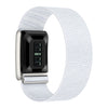 A white nylon braided strap for a fitness watch, featuring a black display and silver buckle.