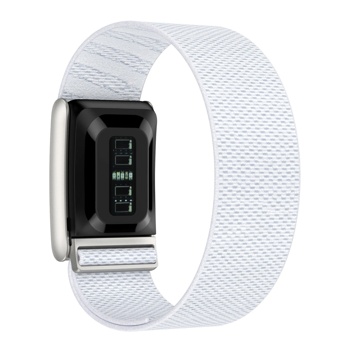 A white nylon braided strap for a fitness watch, featuring a black display and silver buckle.