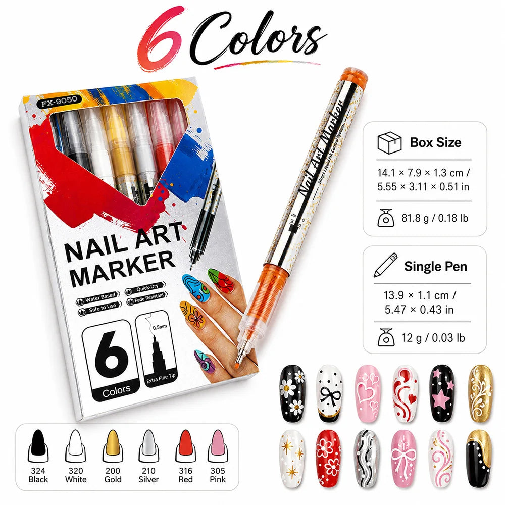 A set of six colored nail art markers with 0.5mm tips displayed next to the packaging and dimensions.