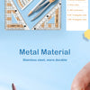 Un juego de siete reglas y herramientas matemáticas de metal de precisión, incluyendo borradores, compases y transportadores 