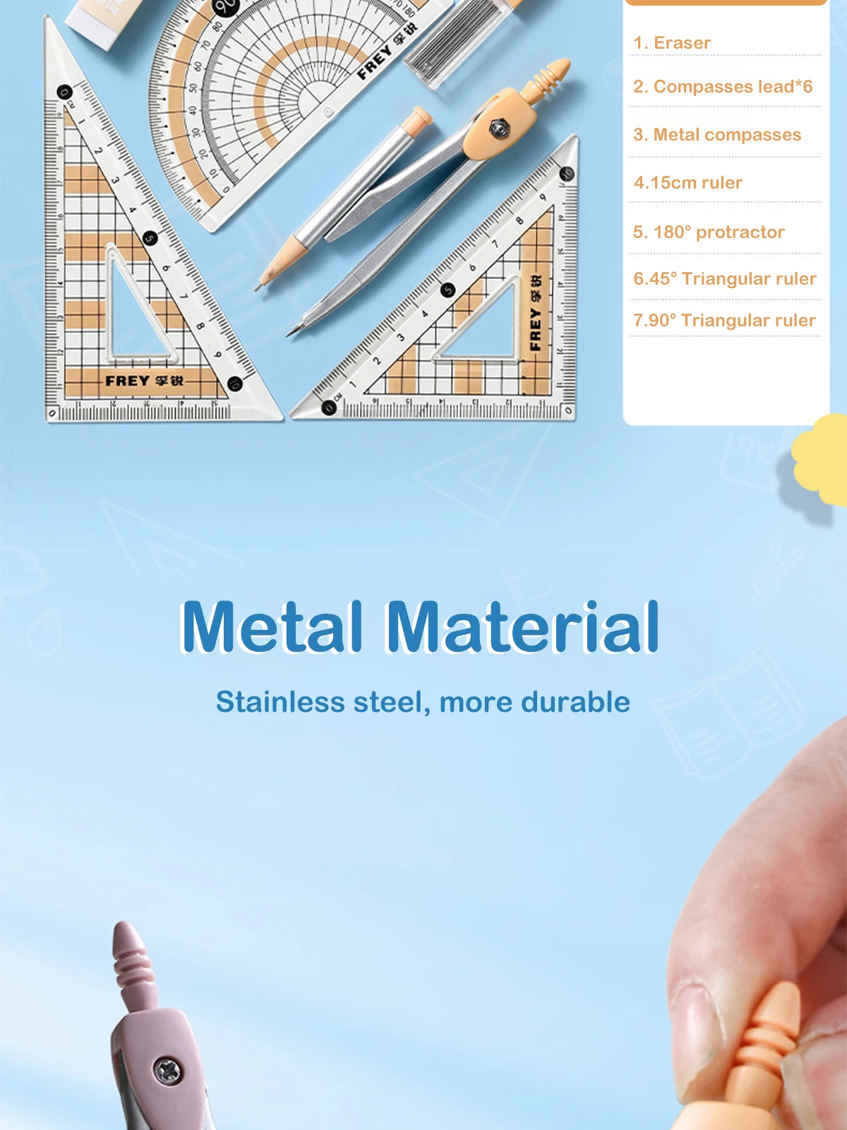 Un juego de siete reglas y herramientas matemáticas de metal de precisión, incluyendo borradores, compases y transportadores 