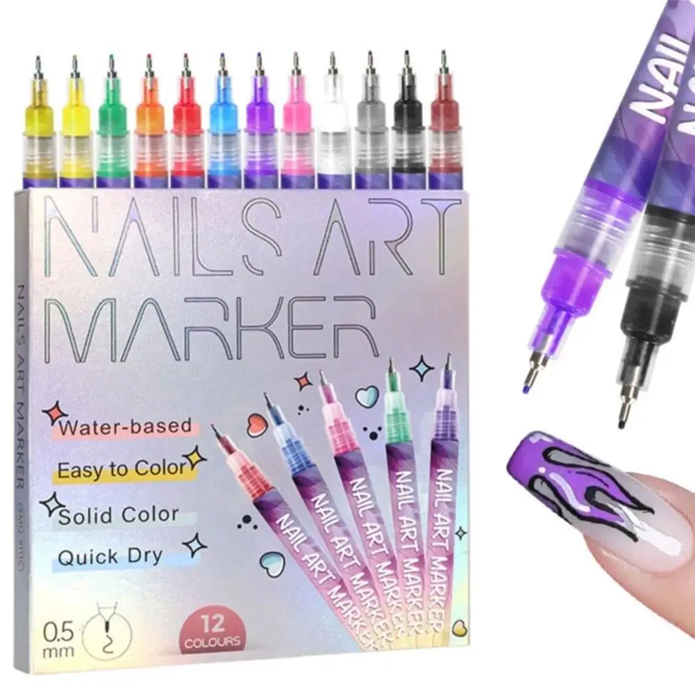 Un set de marqueurs d'art à ongles avec diverses couleurs et pointes pour des designs détaillés.