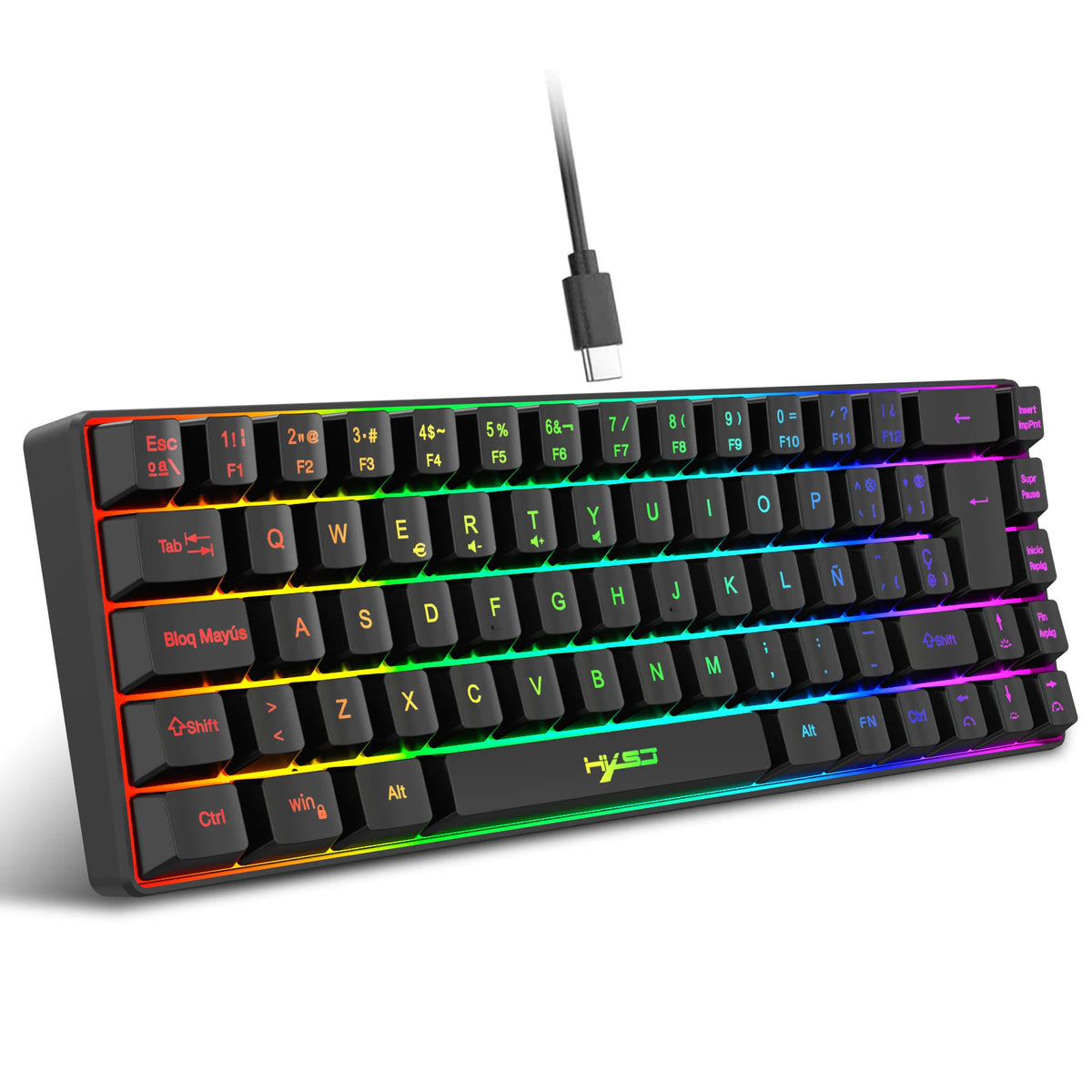 A black 68-key wired RGB gaming keyboard with a detachable cable is shown against a white background.