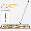 Un lápiz stylus universal blanco de 2 en 1 escribiendo en la pantalla de una tableta Android o iOS.